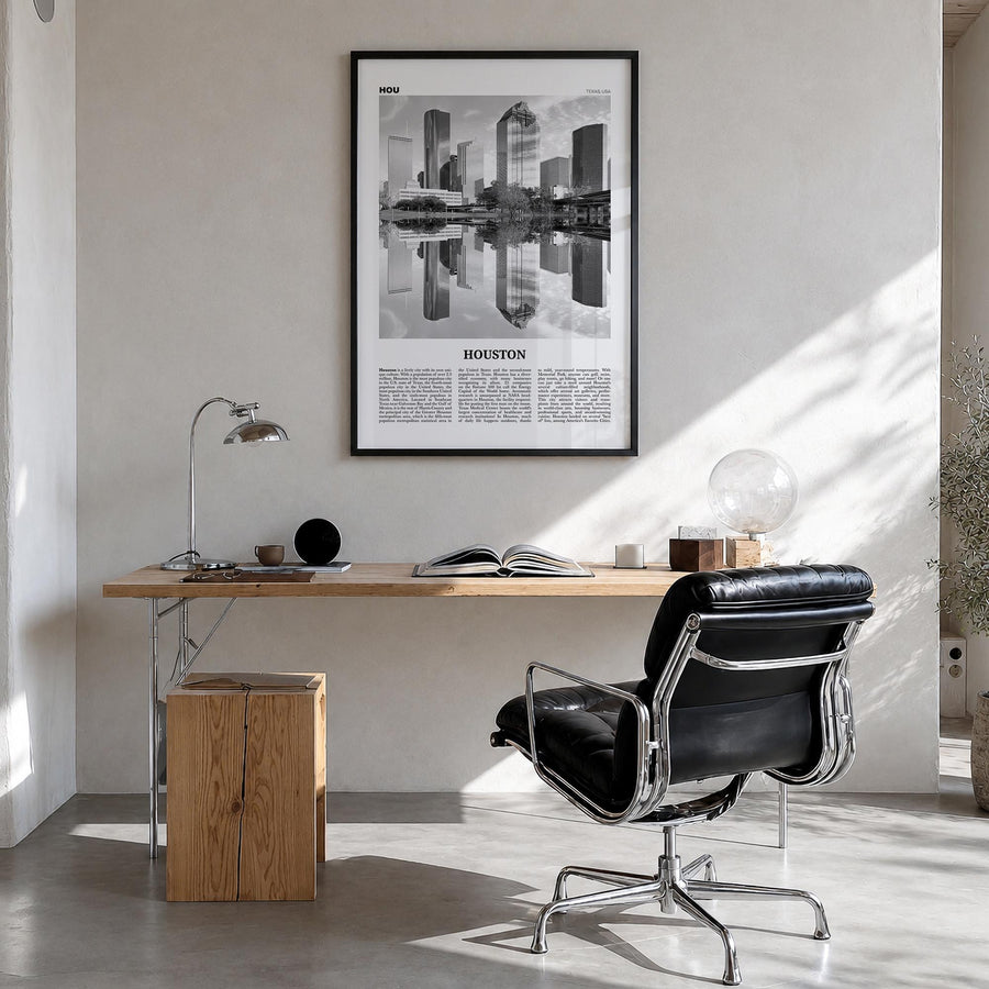 Houston no. 2 black & white newspaper poster of Texas, USA – vertical wall art in black wood frame, hanging on wall