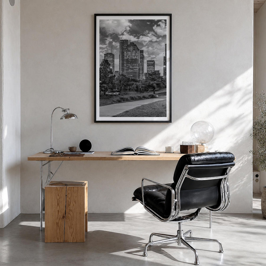Houston no. 2 black & white photo poster of Texas, USA – vertical wall art in black wood frame with white border, hanging on 