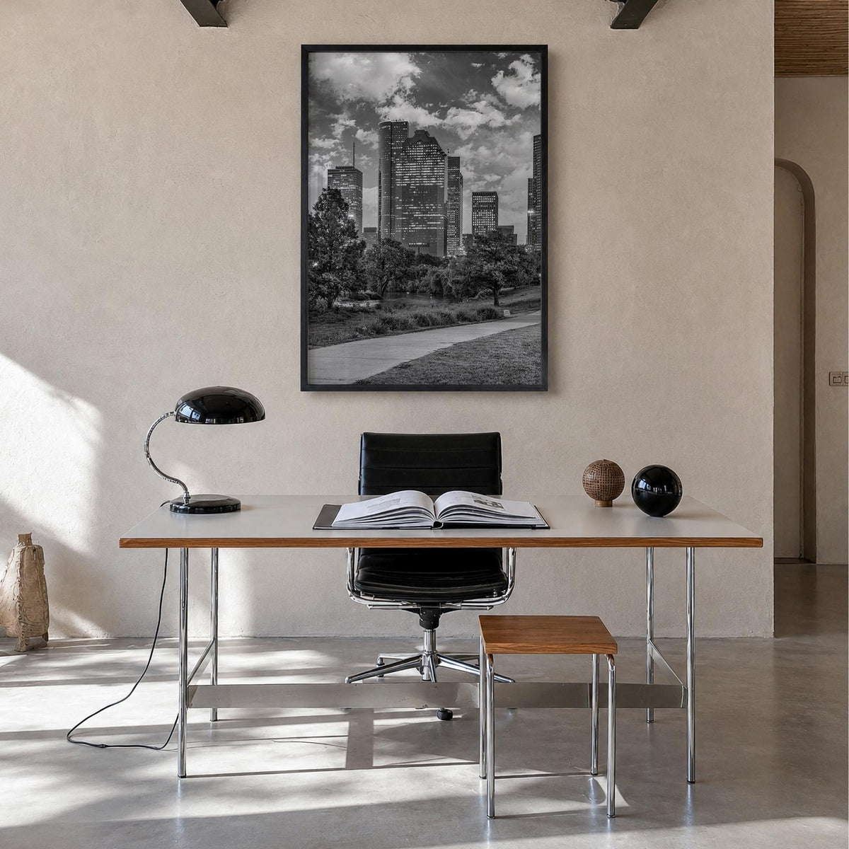 Houston no. 2 black & white photo poster of Texas, USA – vertical wall art in black wood frame, hanging on wall