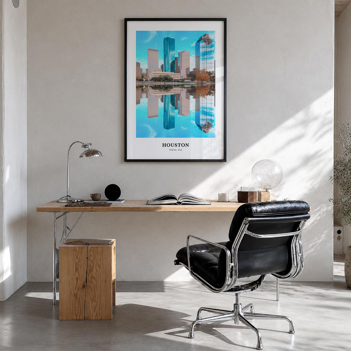Houston no. 2 colorful classic poster of Texas, USA – vertical wall art in black wood frame, hanging on wall