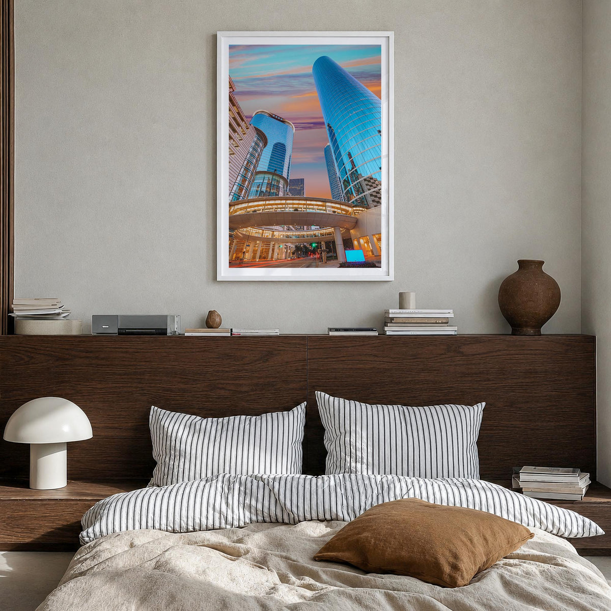 Houston no. 2 colorful photo poster of Texas, USA – vertical wall art in white wood frame with white border, hanging on wall