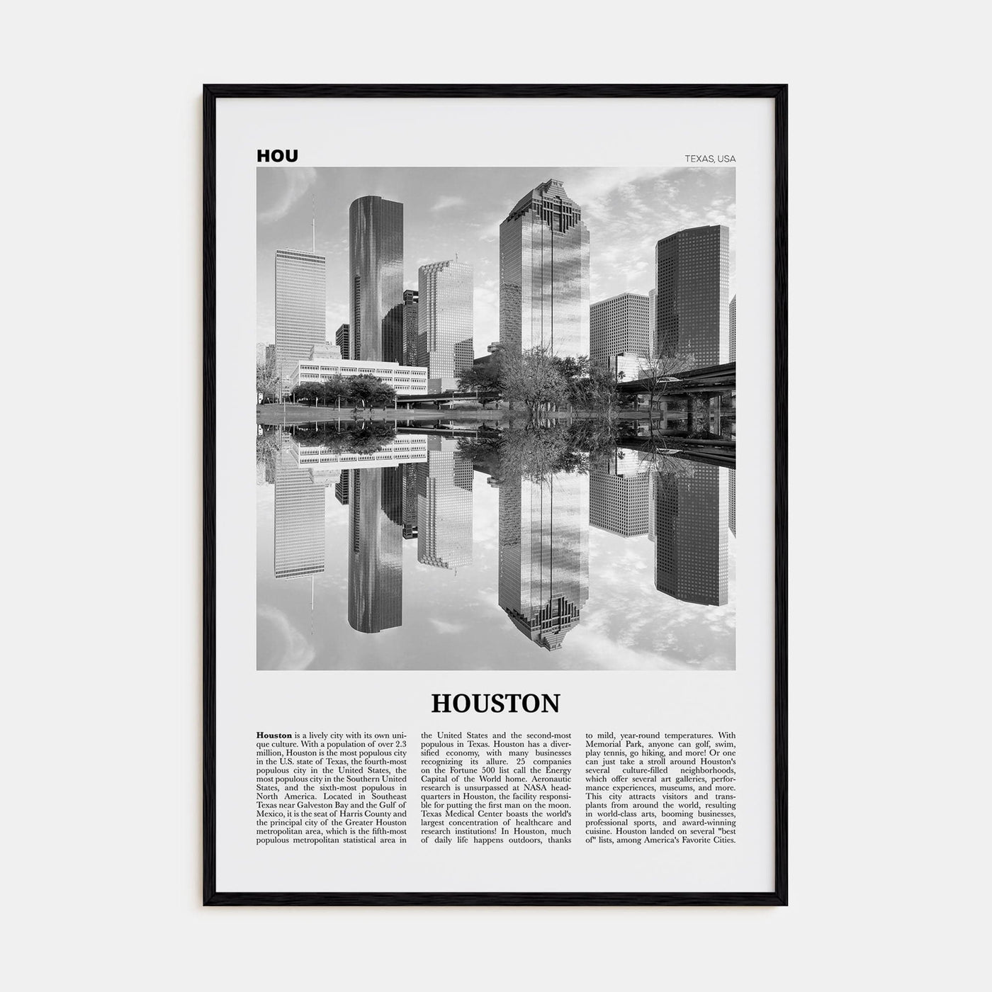 Houston No 2 Poster Black Wood / 8x12 in Nbourhood Travel B&W Poster