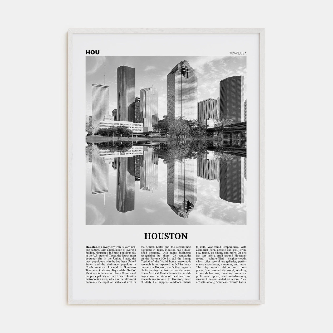 Houston No 2 Poster White Wood / 8x12 in Nbourhood Travel B&W Poster