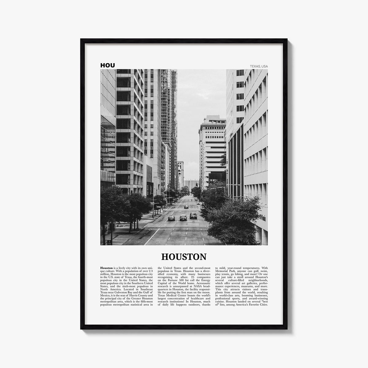 Houston no. 3 black & white newspaper poster of Texas, USA – vertical wall art, unframed print shown in interior mockup