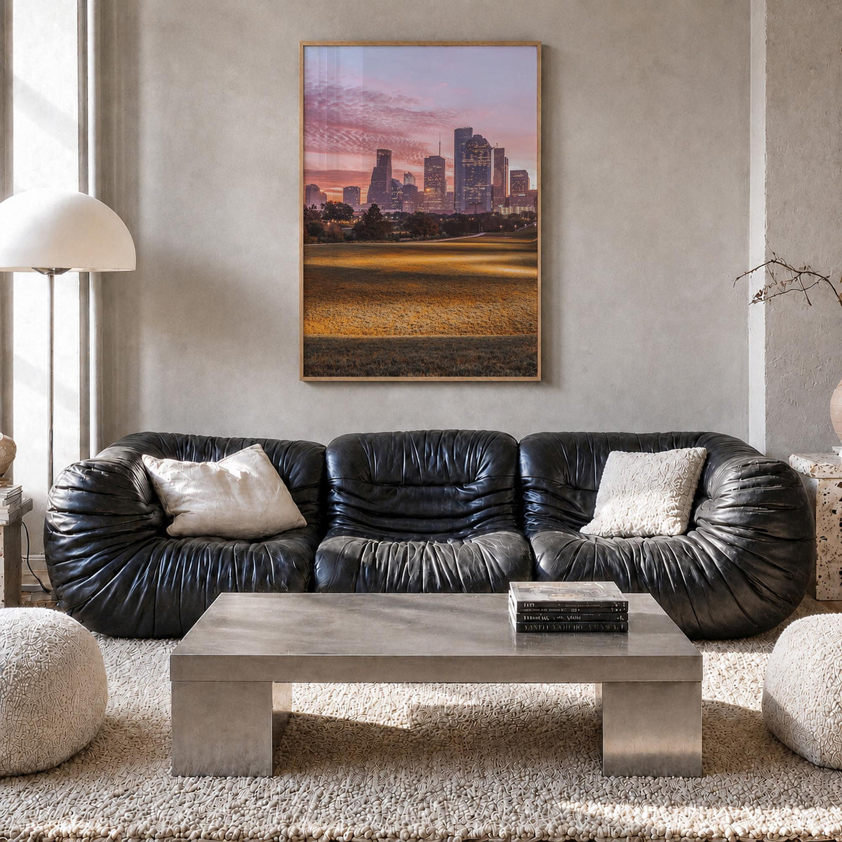 Houston no. 3 colorful photo poster of Texas, USA – vertical wall art in natural wood frame, hanging on wall