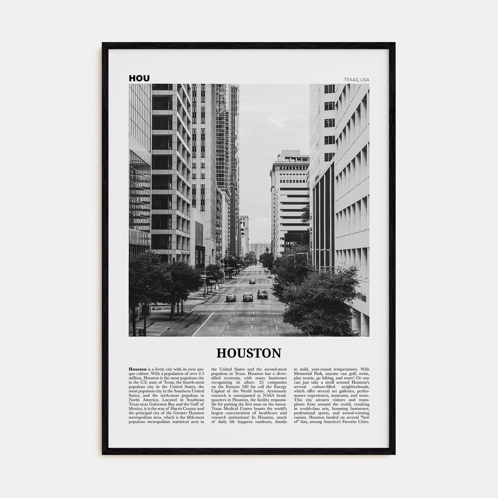 Houston No 3 Poster Black Wood / 8x12 in Nbourhood Travel B&W Poster