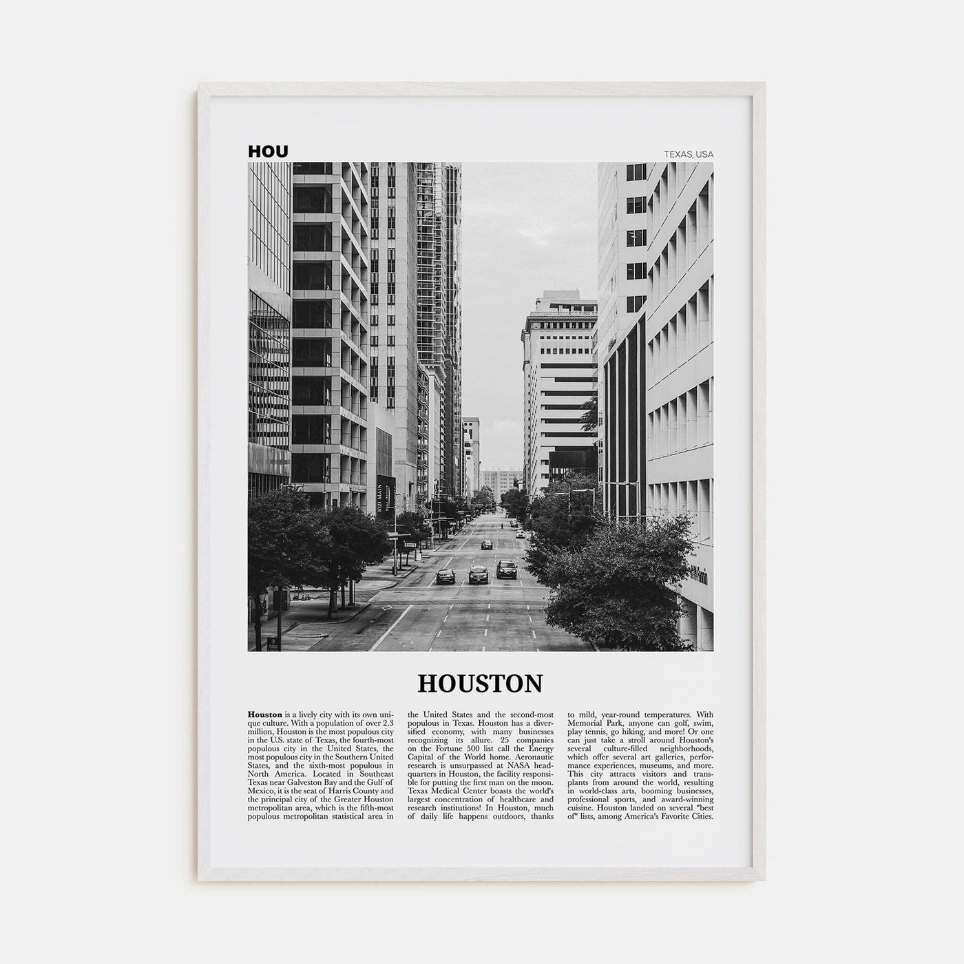 Houston No 3 Poster White Wood / 8x12 in Nbourhood Travel B&W Poster