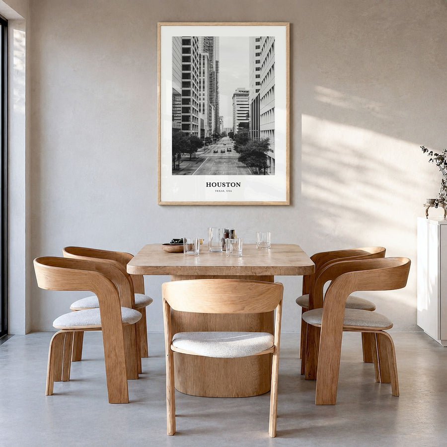 Houston Classic No 3 Poster in a natural wood frame, hanging in a dining room