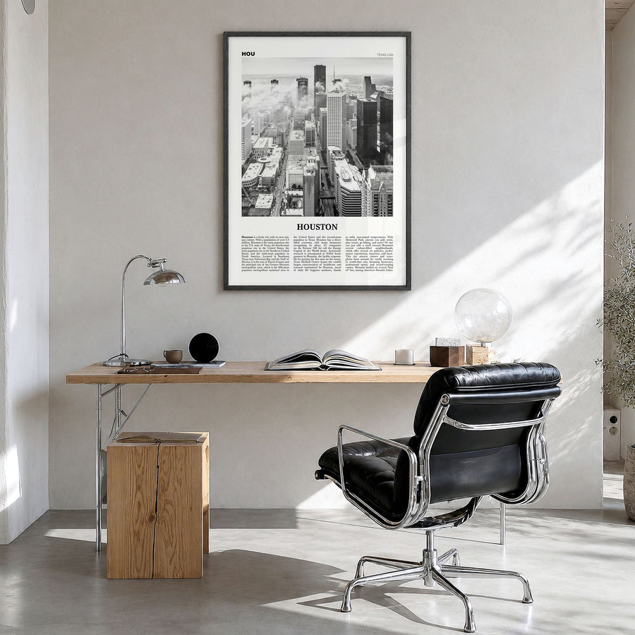 Houston Newspaper No 1 Poster in a black wood frame, hanging in a bright home office