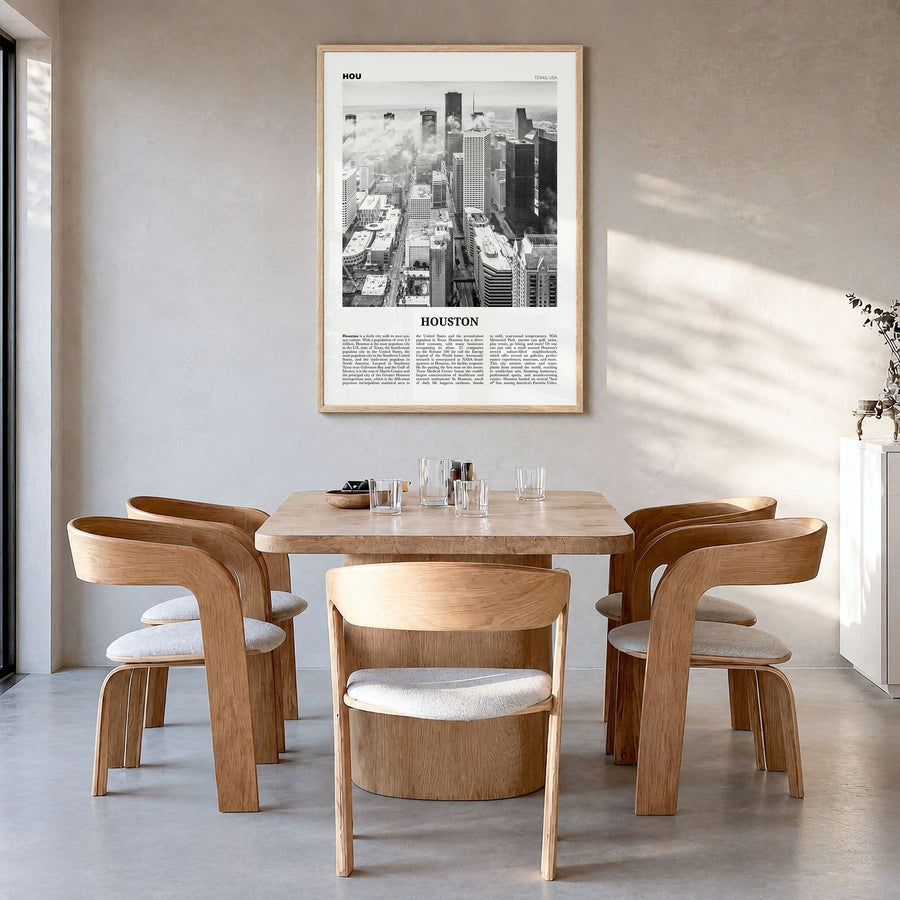 Houston Newspaper No 1 Poster in a natural wood frame, hanging in a dining room