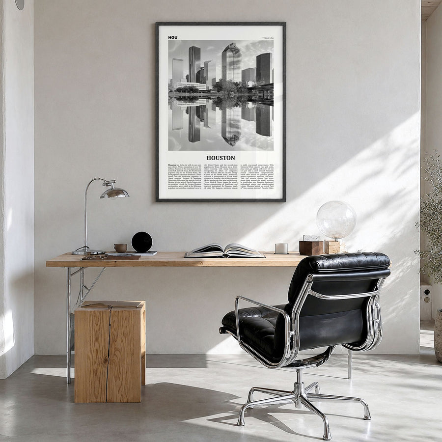 Houston Newspaper No 2 Poster in a black wood frame, hanging in a bright home office