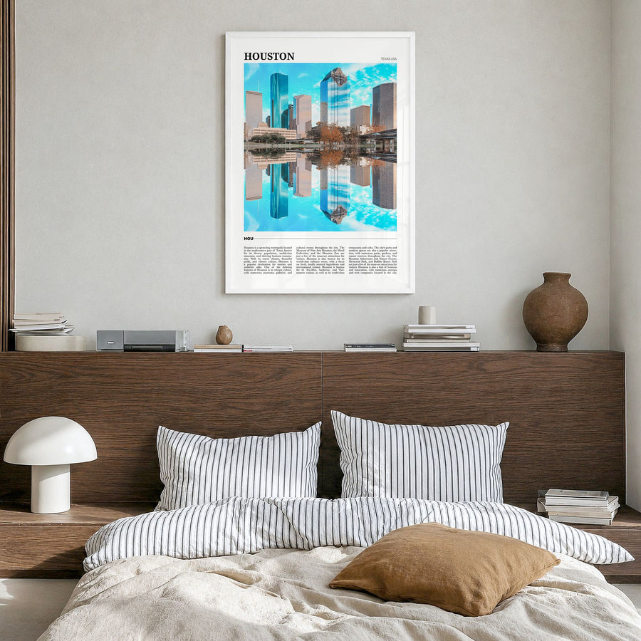Houston Travel No 2 Poster in a white wood frame, hanging in a bedroom