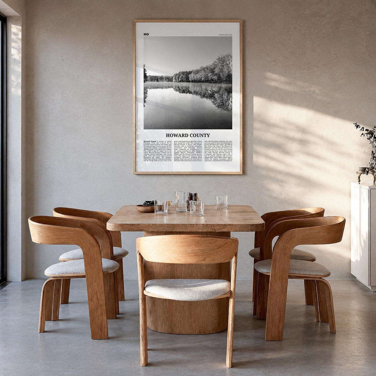 Howard County black & white newspaper poster of Maryland, USA – vertical wall art in natural wood frame, hanging on wall