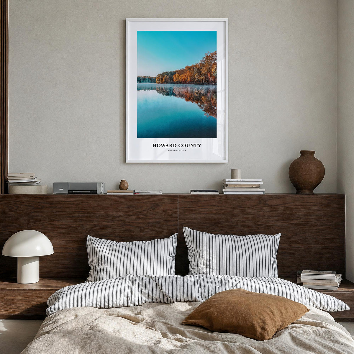 Howard County colorful classic poster of Maryland, USA – vertical wall art in white wood frame, hanging on wall