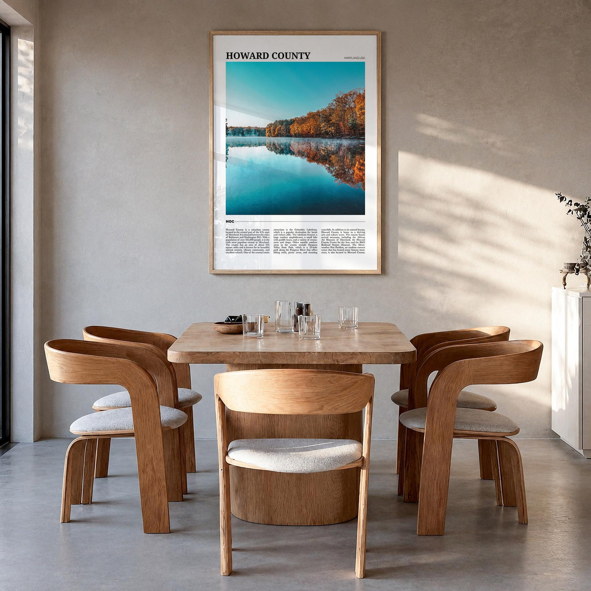 Howard County colorful travel poster of Maryland, USA – vertical wall art in natural wood frame, hanging on wall
