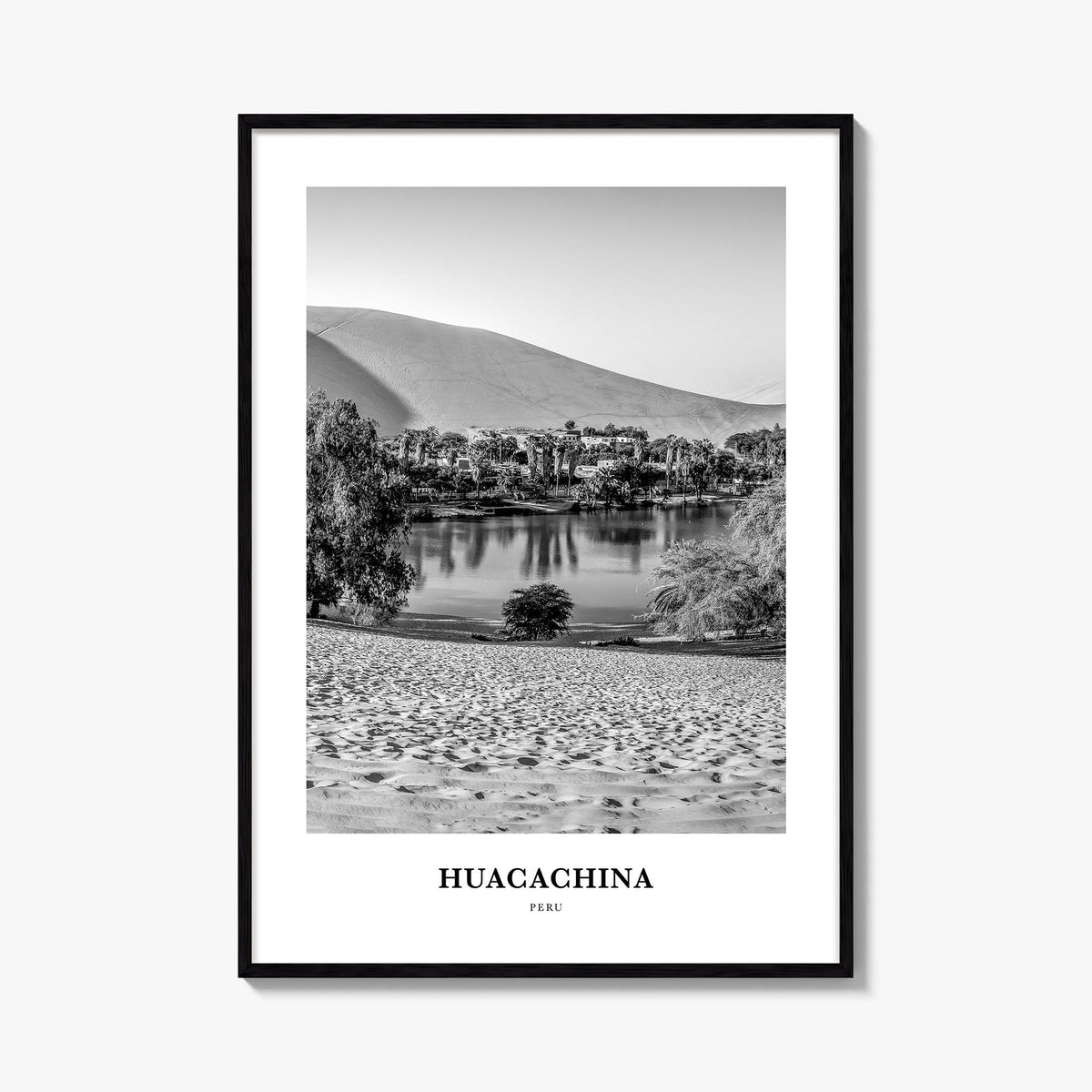 Huacachina black & white classic poster of Peru – vertical wall art, unframed print shown in interior mockup