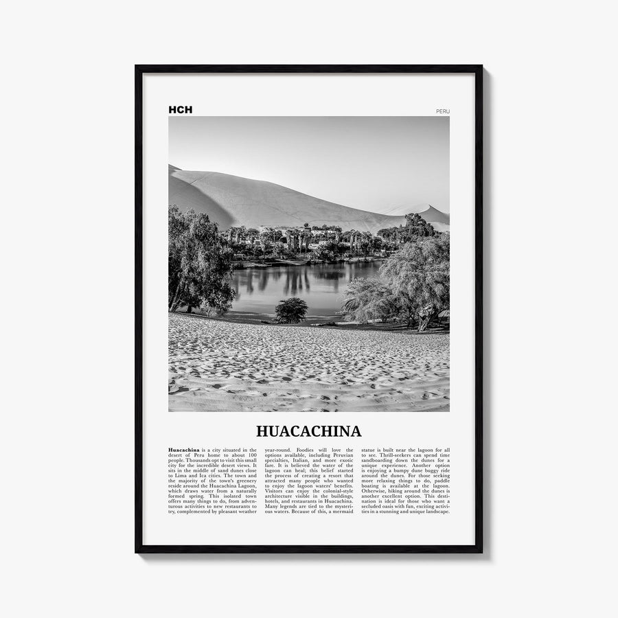 Huacachina black & white newspaper poster of Peru – vertical wall art, unframed print shown in interior mockup