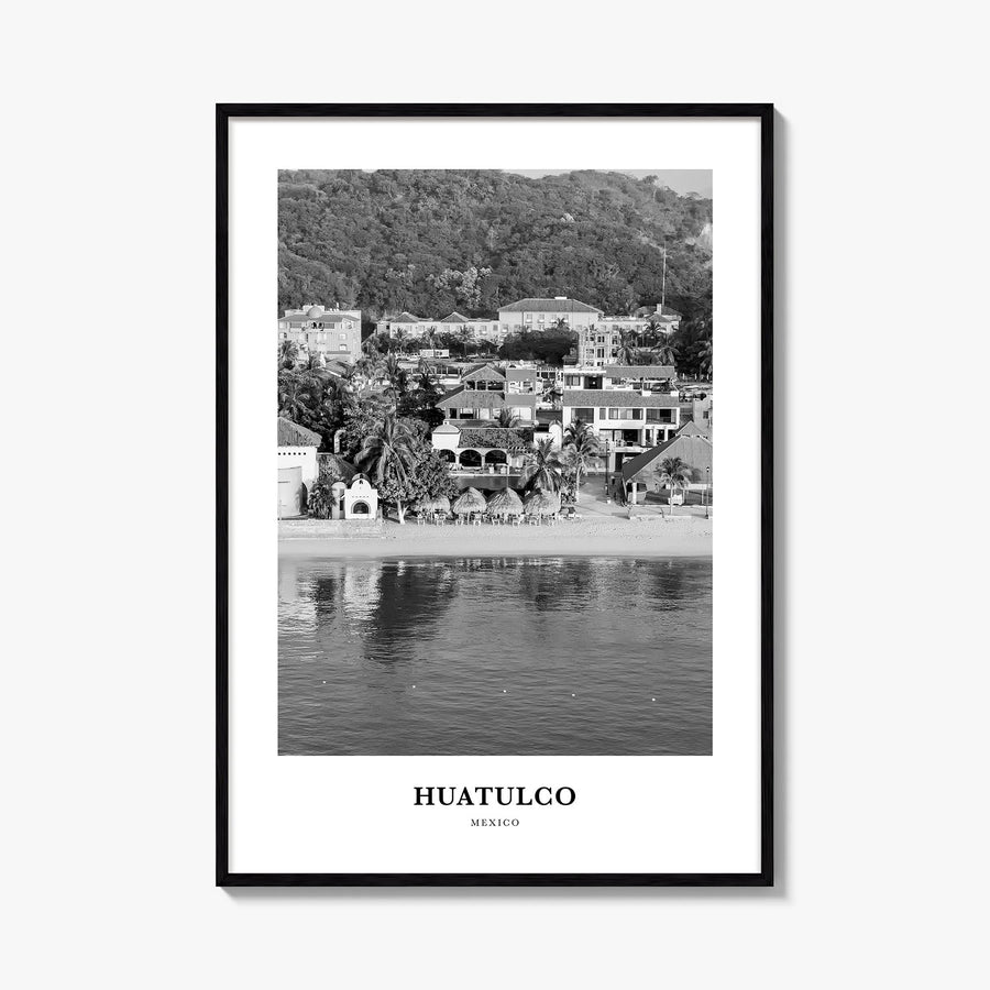 Huatulco black & white classic poster of Mexico – vertical wall art, unframed print shown in interior mockup
