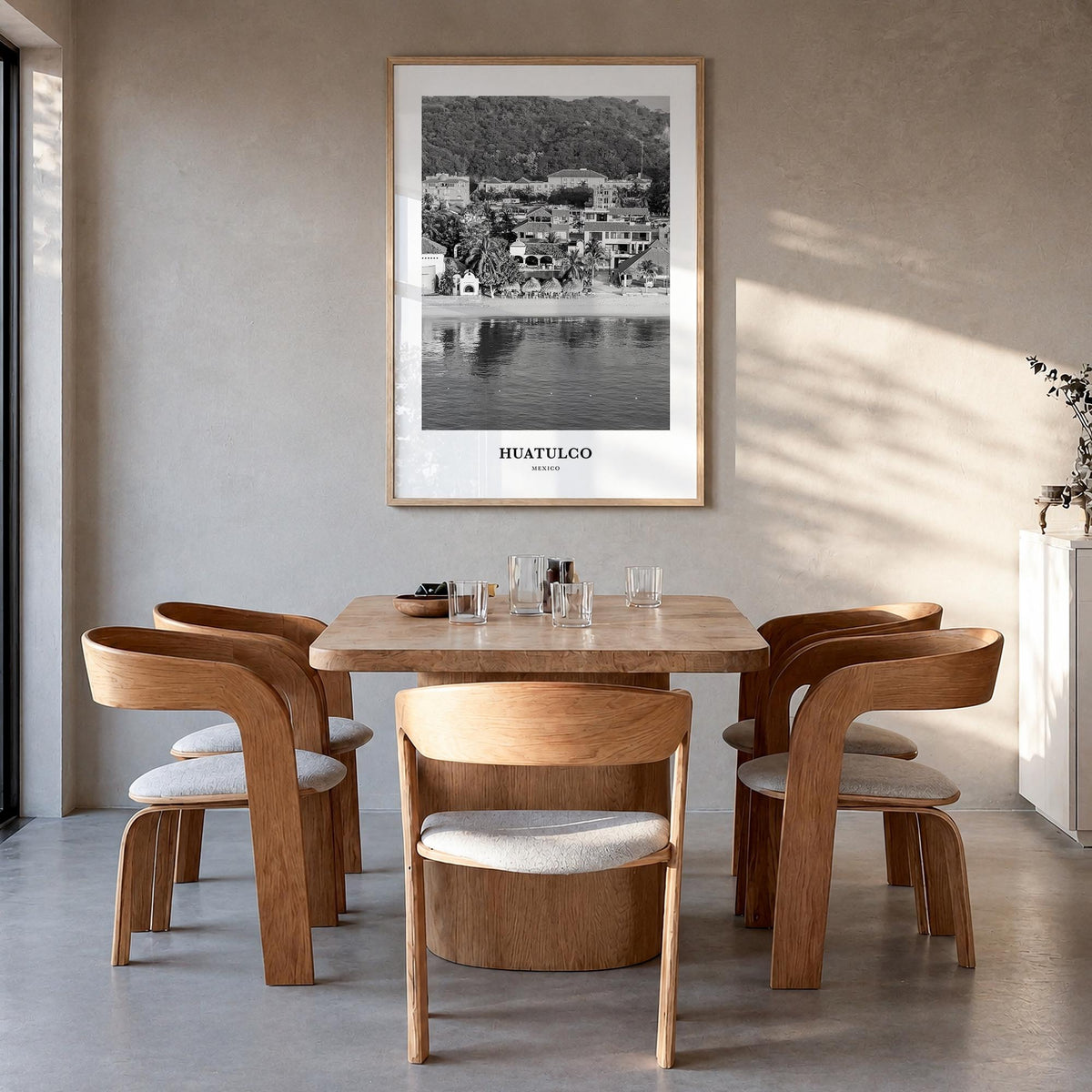Huatulco black & white classic poster of Mexico – vertical wall art in natural wood frame, hanging on wall