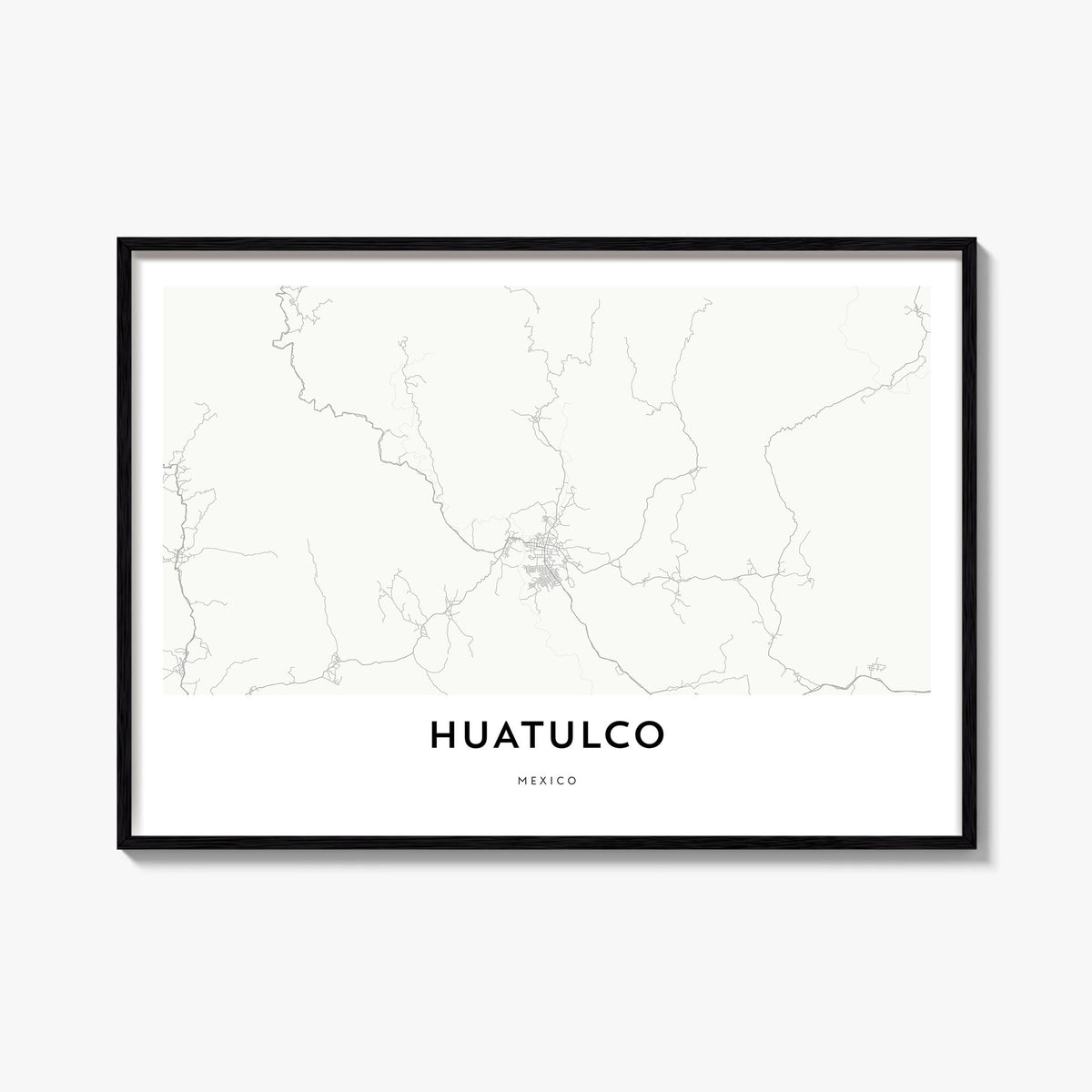 Huatulco black & white map poster of Mexico – horizontal wall art, unframed print shown in interior mockup