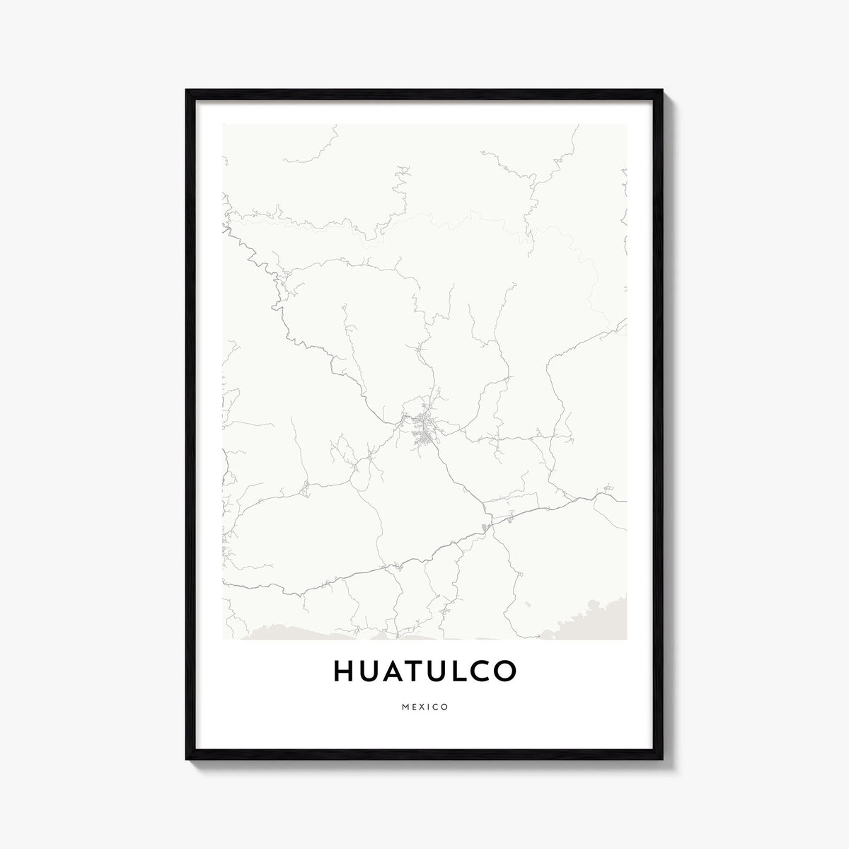 Huatulco black & white map poster of Mexico – vertical wall art, unframed print shown in interior mockup