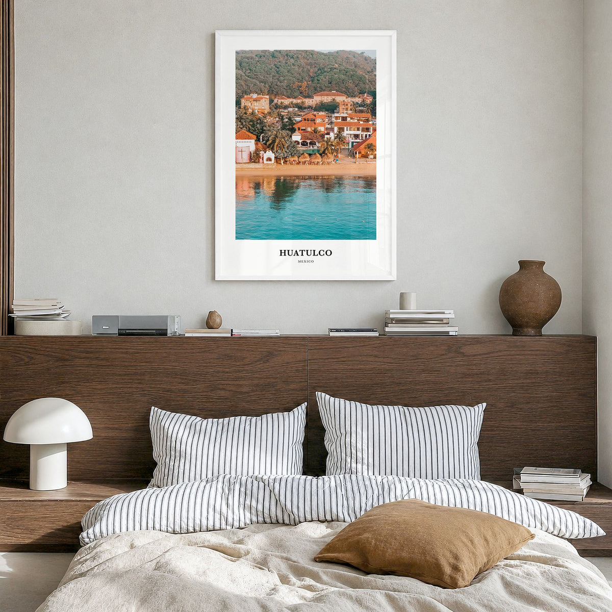 Huatulco Classic Poster in a white wood frame, hanging in a bedroom