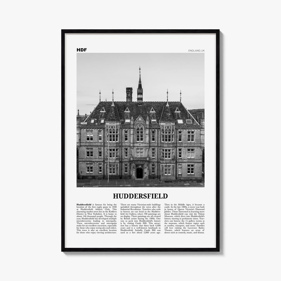 Huddersfield black & white newspaper poster of United Kingdom – vertical wall art, unframed print shown in interior mockup