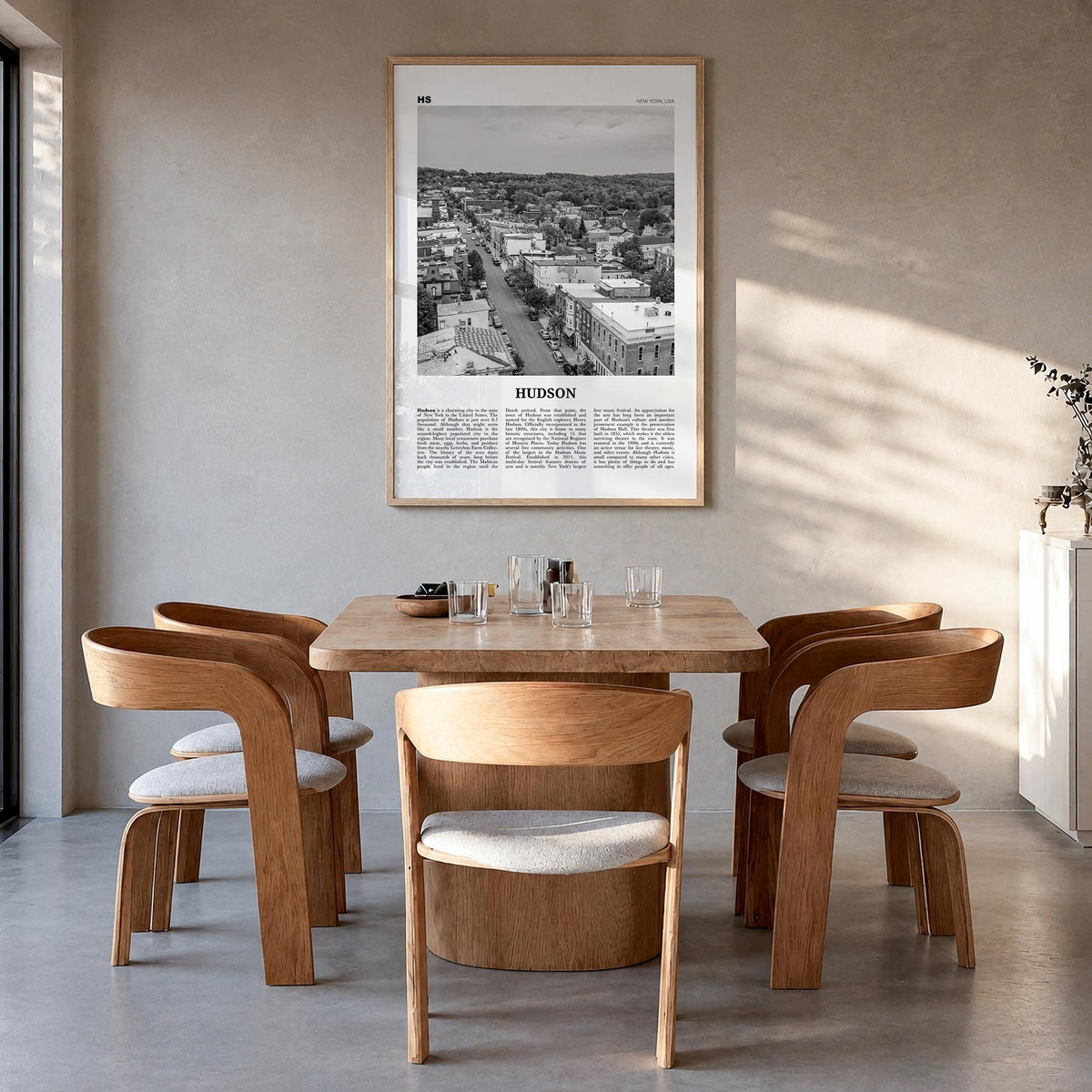 Hudson black & white newspaper poster of Ohio, USA – vertical wall art in natural wood frame, hanging on wall