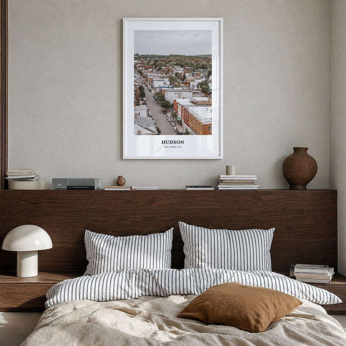 Hudson colorful classic poster of Ohio, USA – vertical wall art in white wood frame, hanging on wall