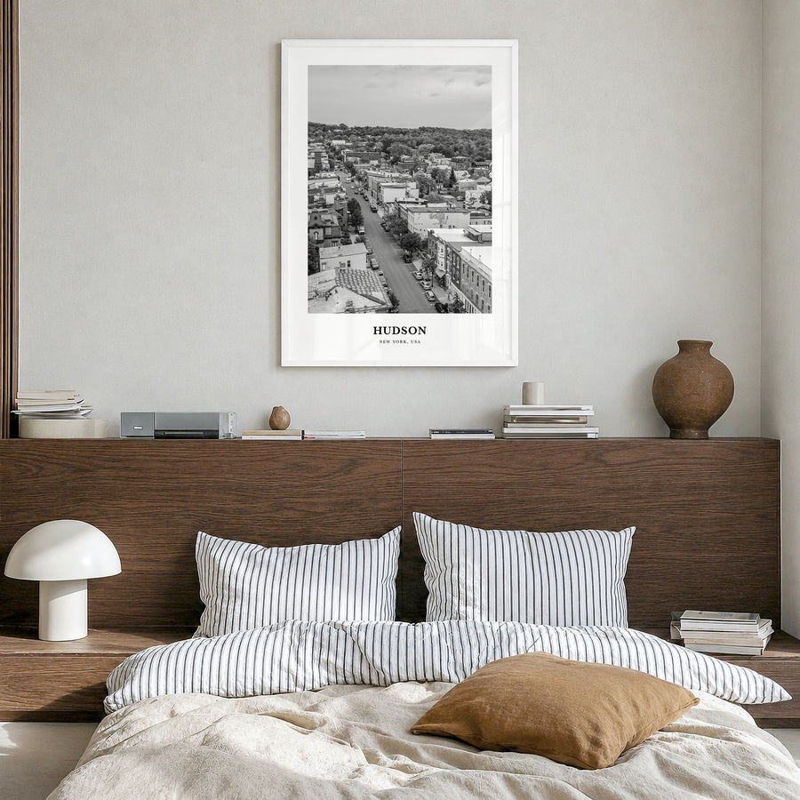 Hudson Classic Poster in a white wood frame, hanging in a bedroom