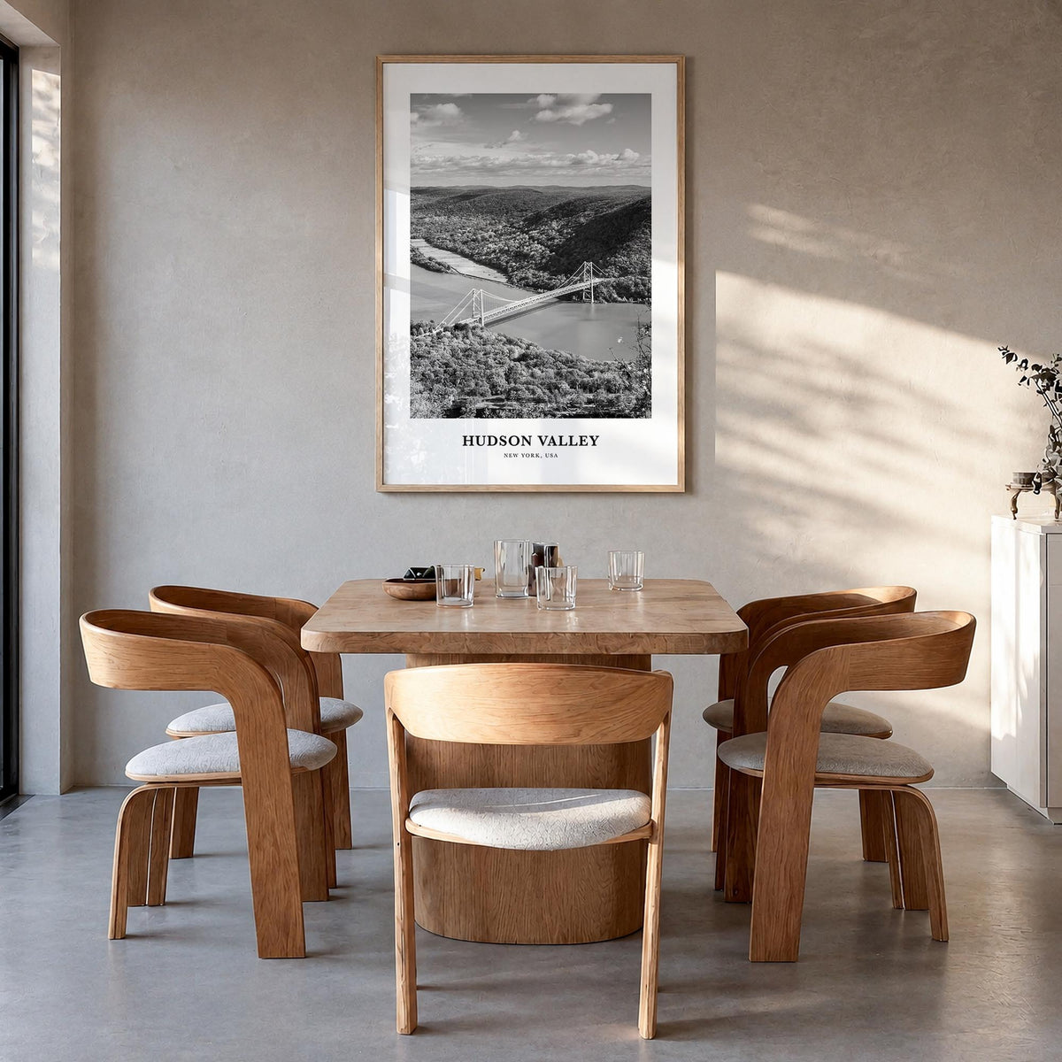 Hudson Valley black & white classic poster of New York, USA – vertical wall art in natural wood frame, hanging on wall