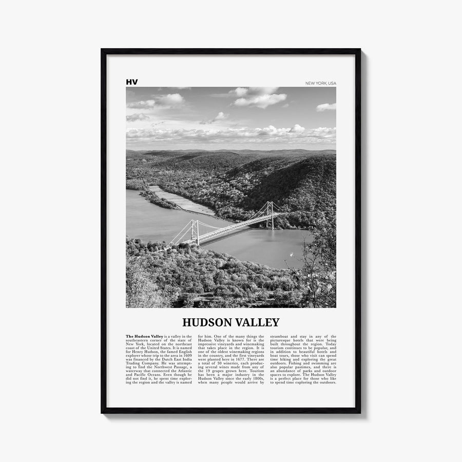 Hudson Valley black & white newspaper poster of New York, USA – vertical wall art, unframed print shown in interior mockup