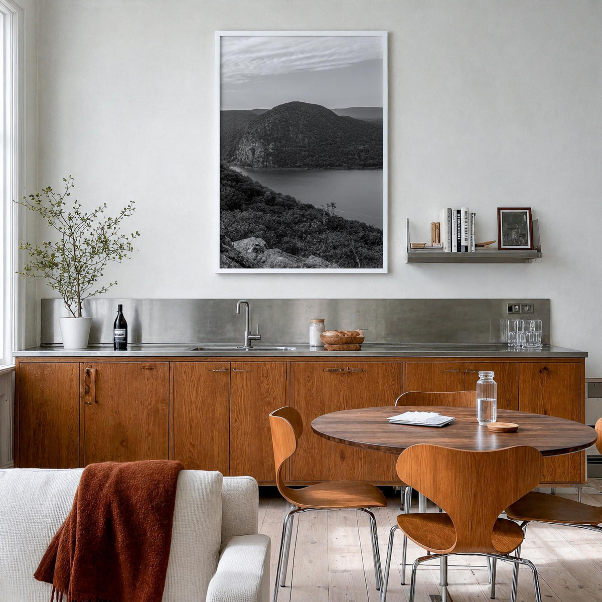 Hudson Valley black & white photo poster of New York, USA – vertical wall art in white wood frame, hanging on wall