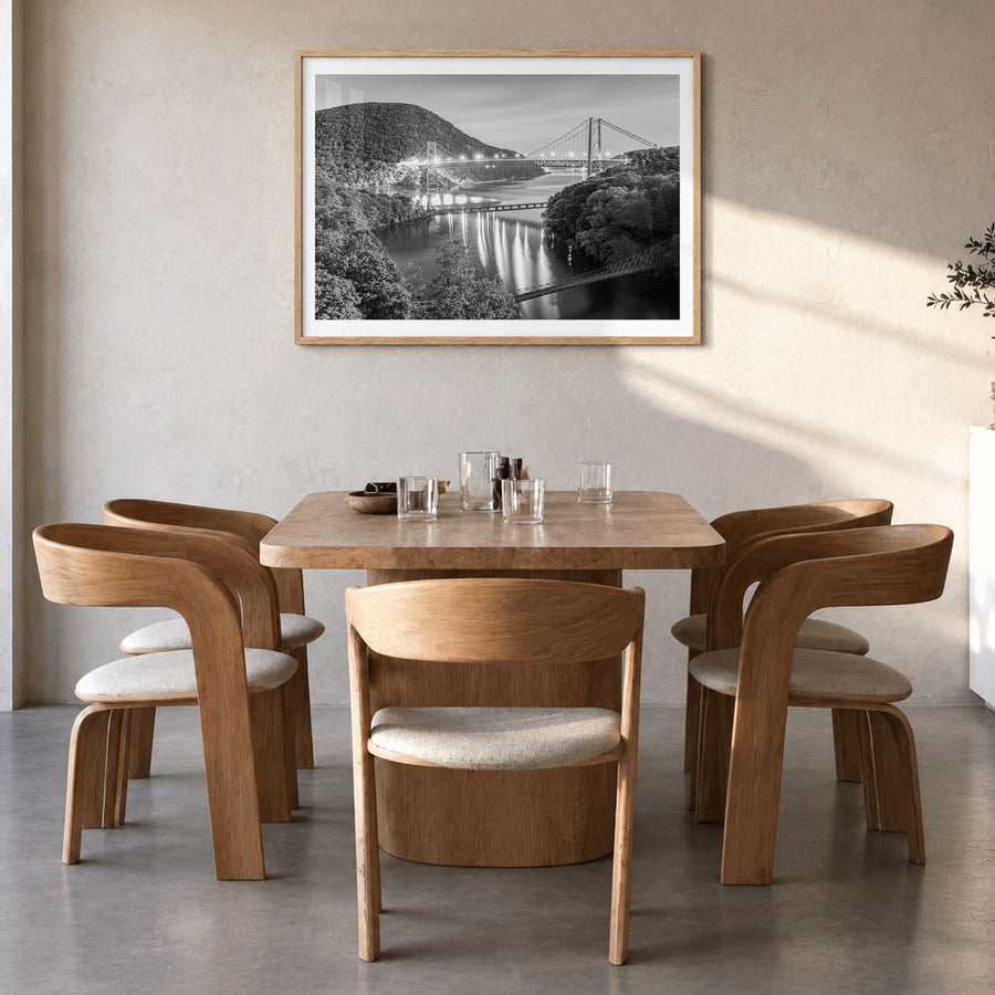 Hudson Valley Photo Poster in a natural wood frame, hanging in a dining room, white border