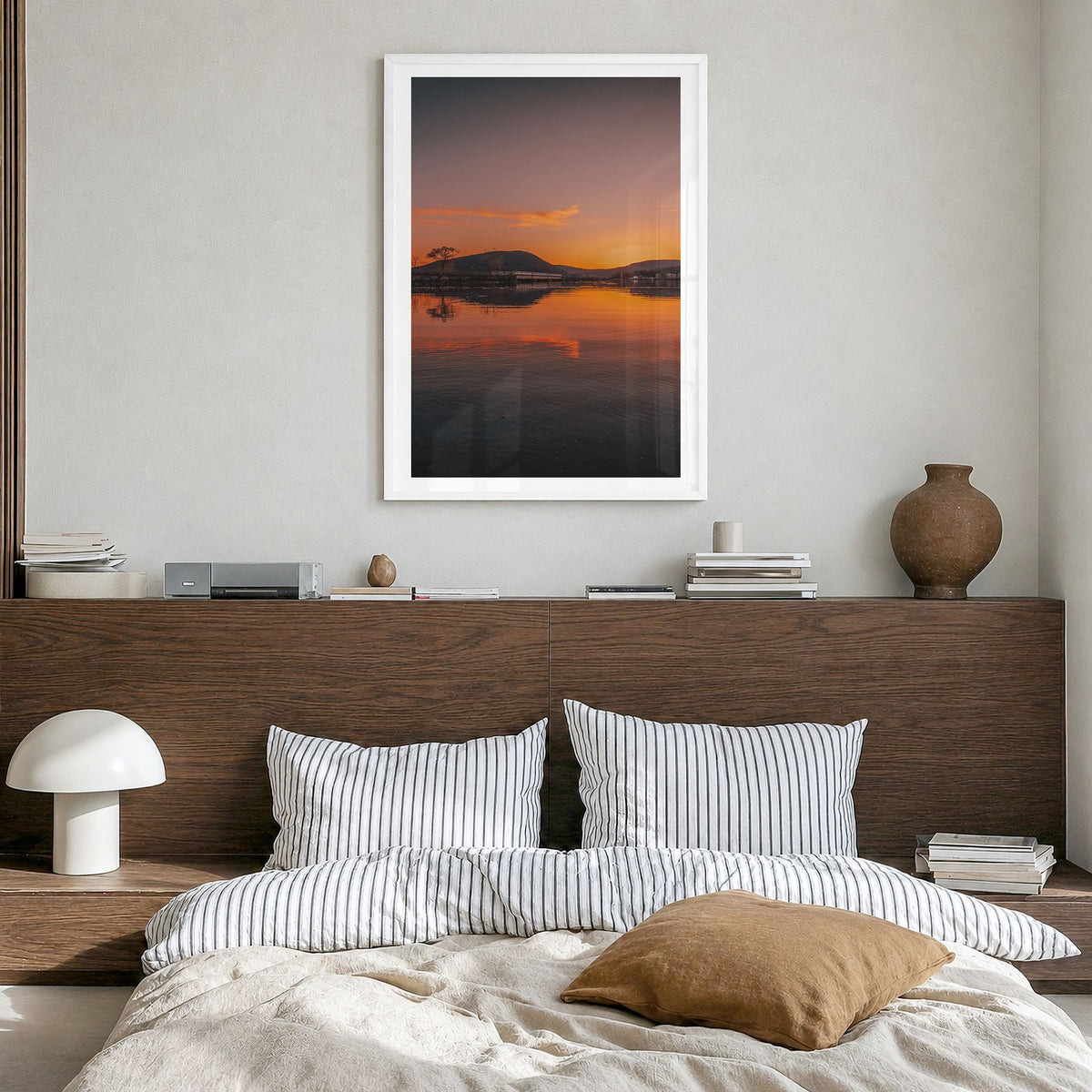 Hudson Valley Photo No 3 Poster in a white wood frame, hanging in a bedroom, white border