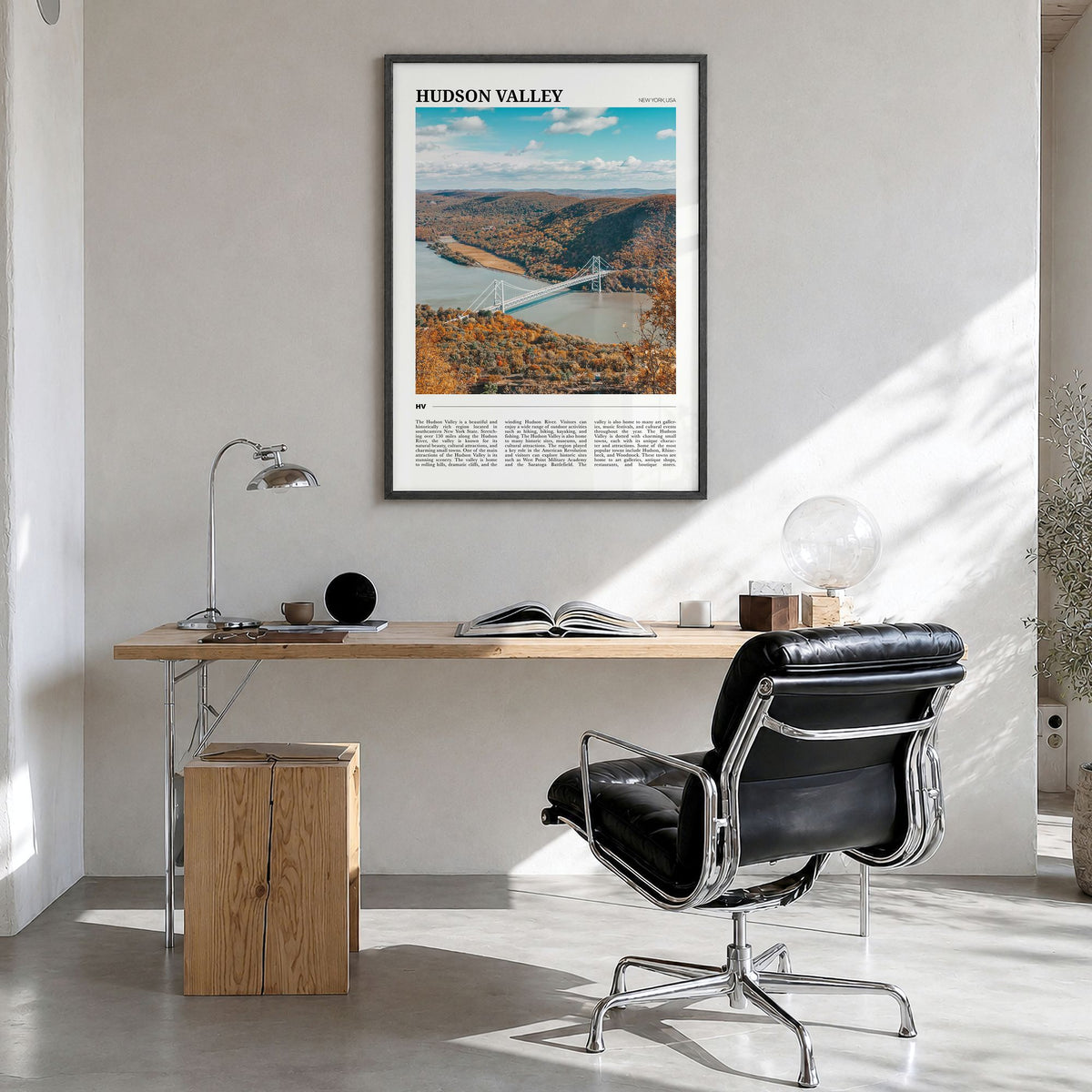 Hudson Valley Travel Poster in a black wood frame, hanging in a bright home office