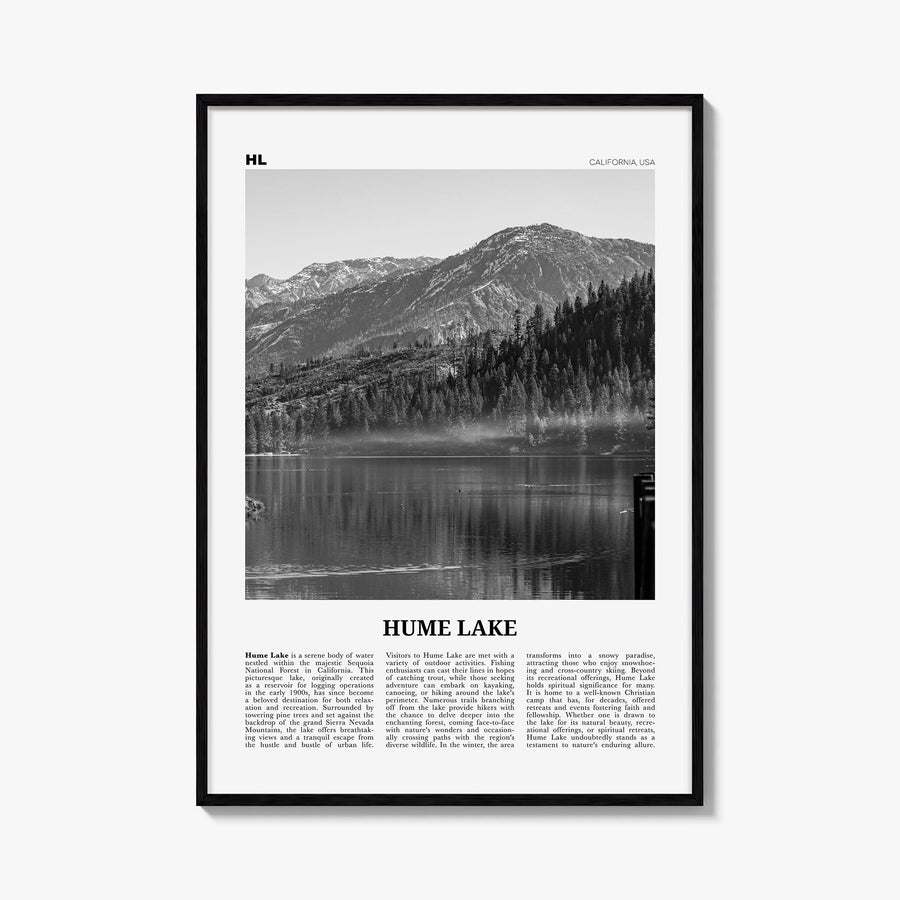 Hume Lake black & white newspaper poster of California, USA – vertical wall art, unframed print shown in interior mockup