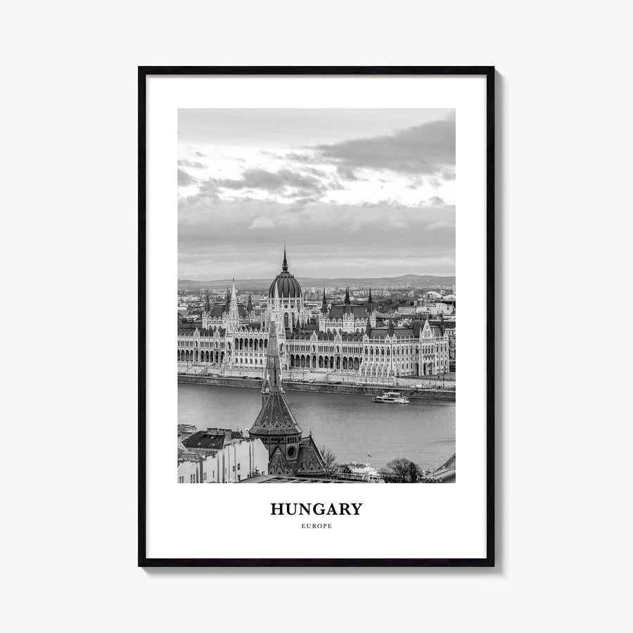 Hungary black & white classic poster of Europe – vertical wall art, unframed print shown in interior mockup