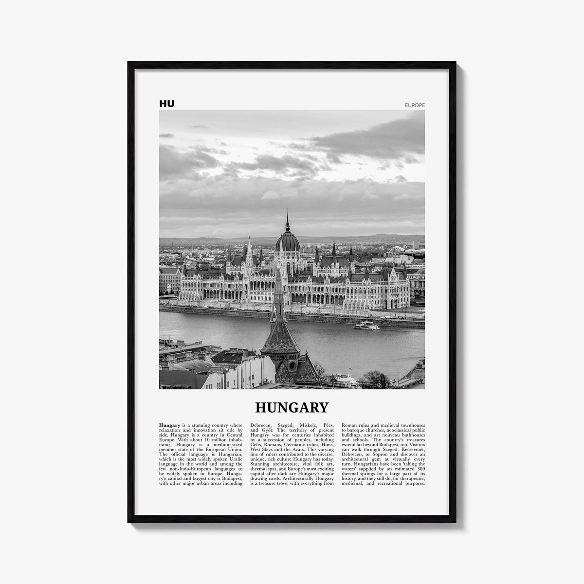 Hungary black & white newspaper poster of Europe – vertical wall art, unframed print shown in interior mockup