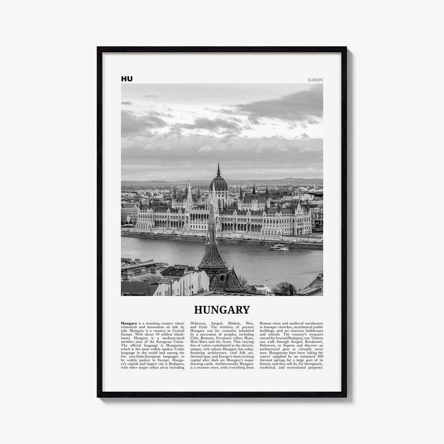 Hungary black & white newspaper poster of Europe – vertical wall art, unframed print shown in interior mockup