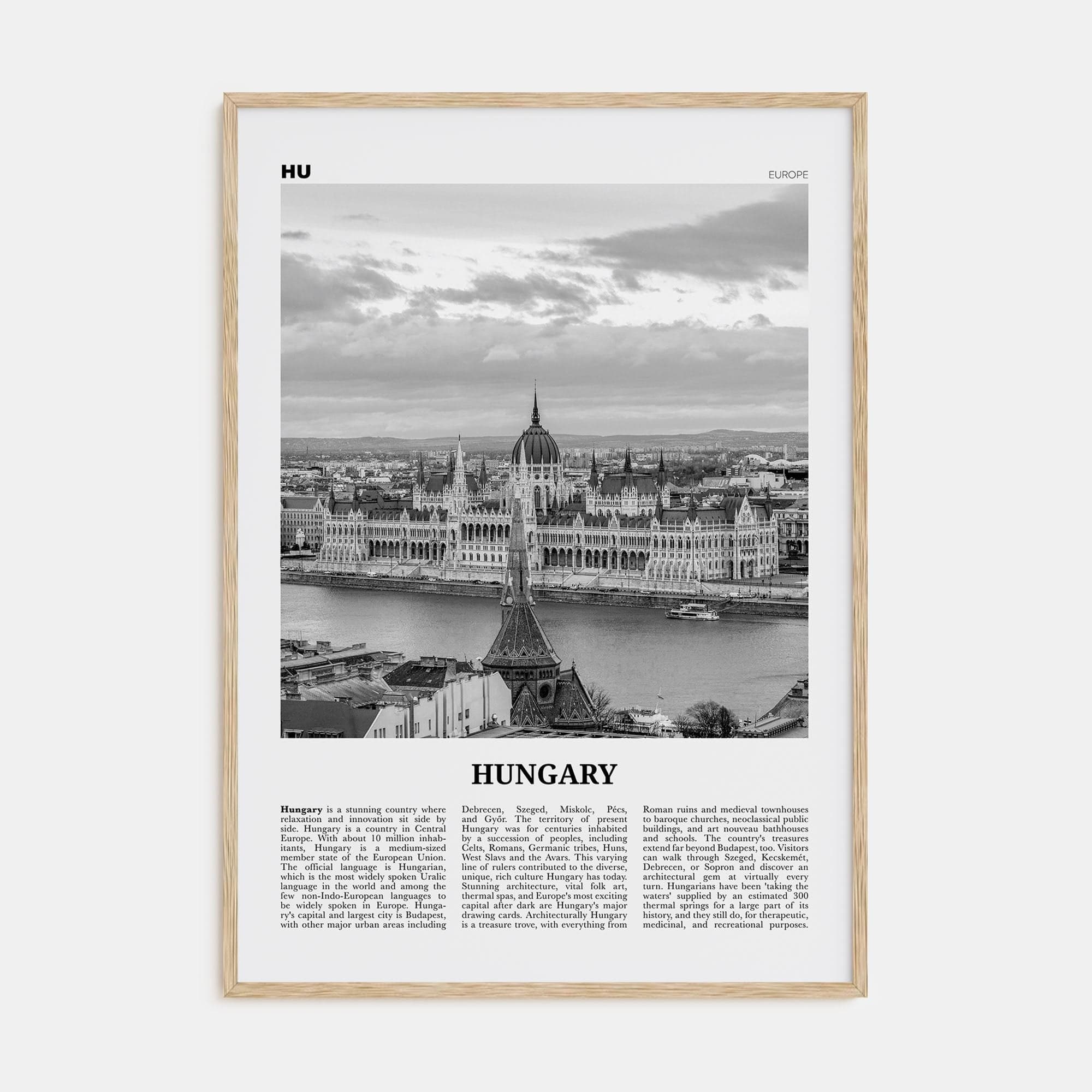 Hungary Poster Natural Wood / 8x12 in Nbourhood Travel B&W Poster