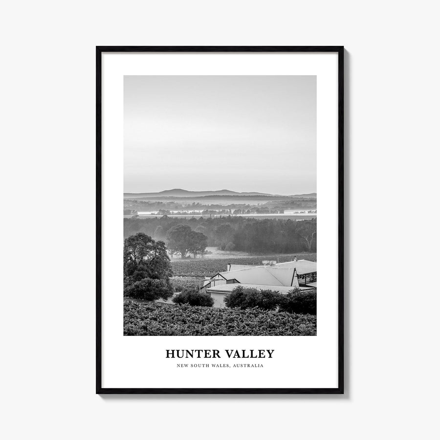 Hunter Valley black & white classic poster of Australia – vertical wall art, unframed print shown in interior mockup