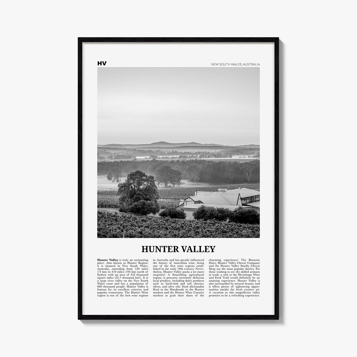 Hunter Valley black & white newspaper poster of Australia – vertical wall art, unframed print shown in interior mockup