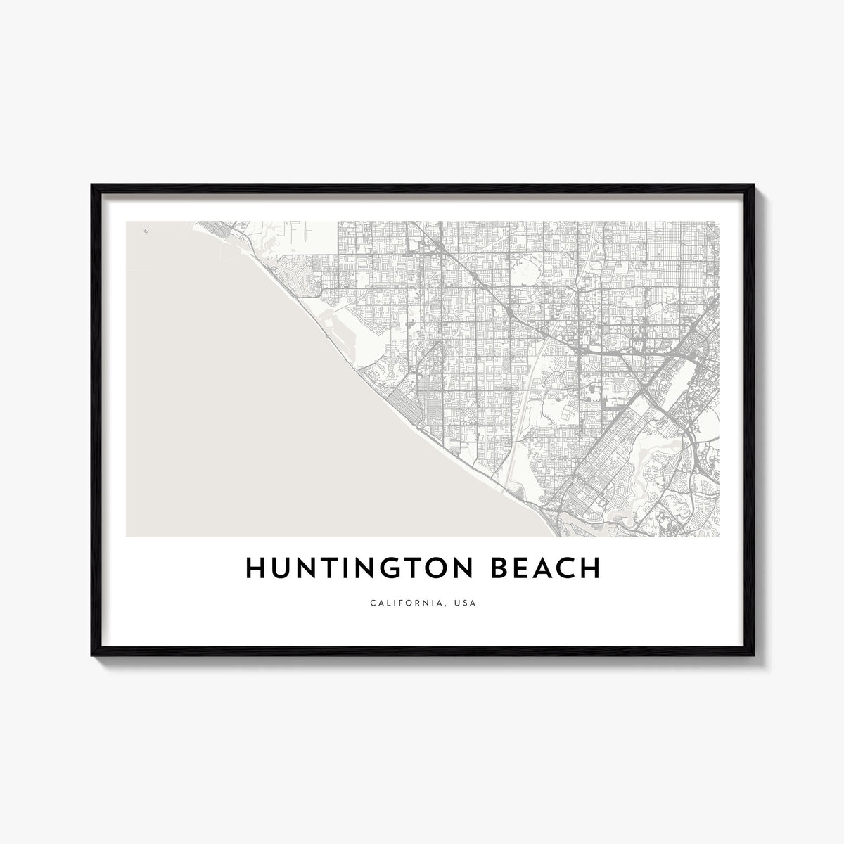 Huntington Beach black & white map poster of California, USA – horizontal wall art, unframed print shown in interior mockup