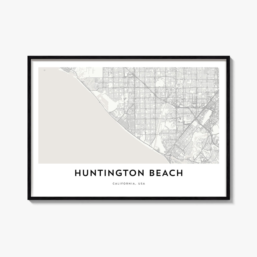 Huntington Beach black & white map poster of California, USA – horizontal wall art, unframed print shown in interior mockup