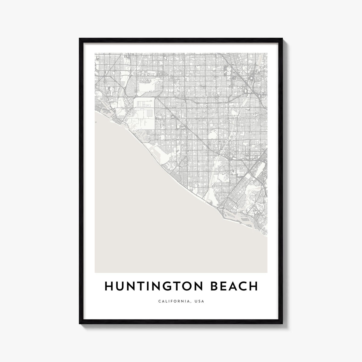 Huntington Beach black & white map poster of California, USA – vertical wall art, unframed print shown in interior mockup