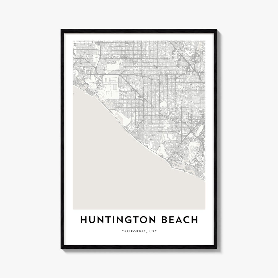 Huntington Beach black & white map poster of California, USA – vertical wall art, unframed print shown in interior mockup