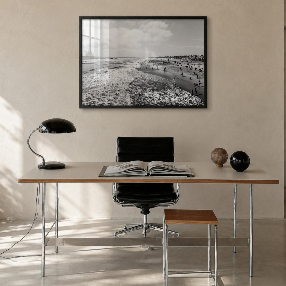 Huntington Beach black & white photo poster of California, USA – horizontal wall art in black wood frame, hanging on wall