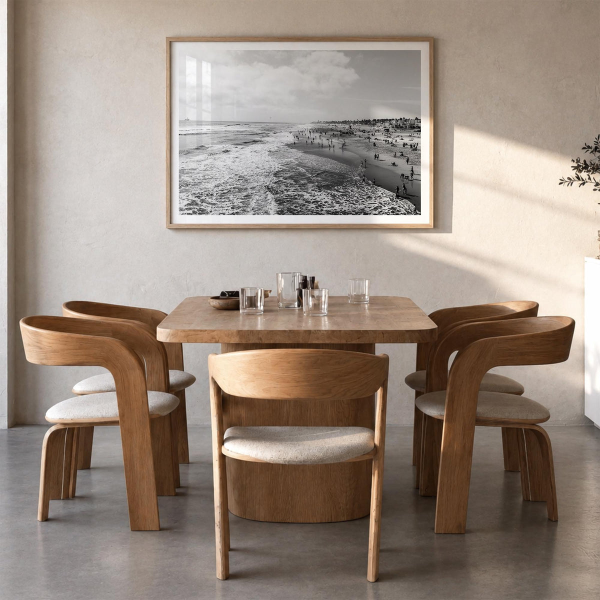 Huntington Beach black & white photo poster of California, USA – horizontal wall art in natural wood frame with white border,