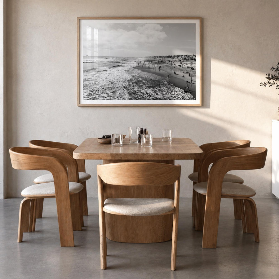 Huntington Beach black & white photo poster of California, USA – horizontal wall art in natural wood frame with white border,
